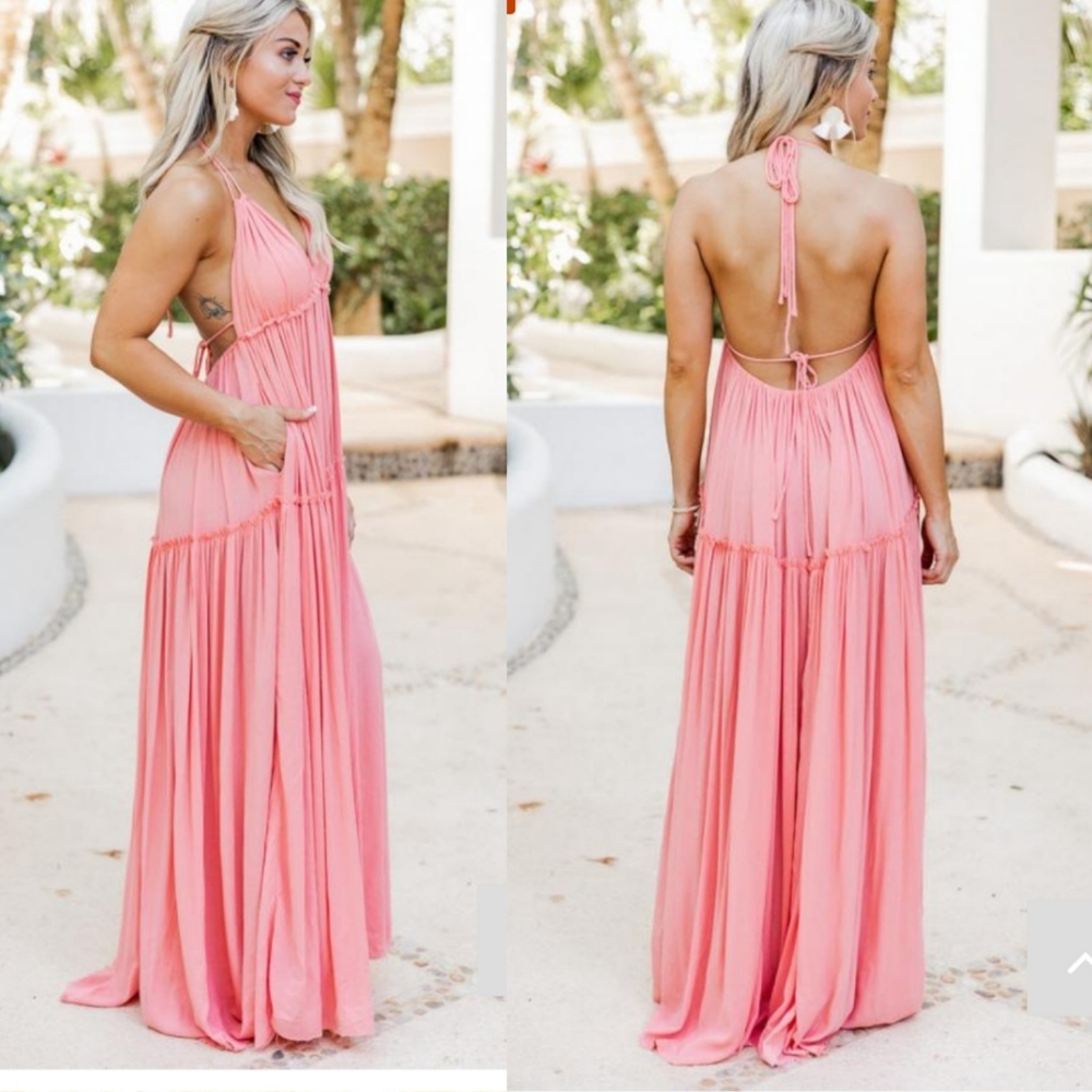 Pink Lily Daybreak Skyline Coral Halter Maxi Dress